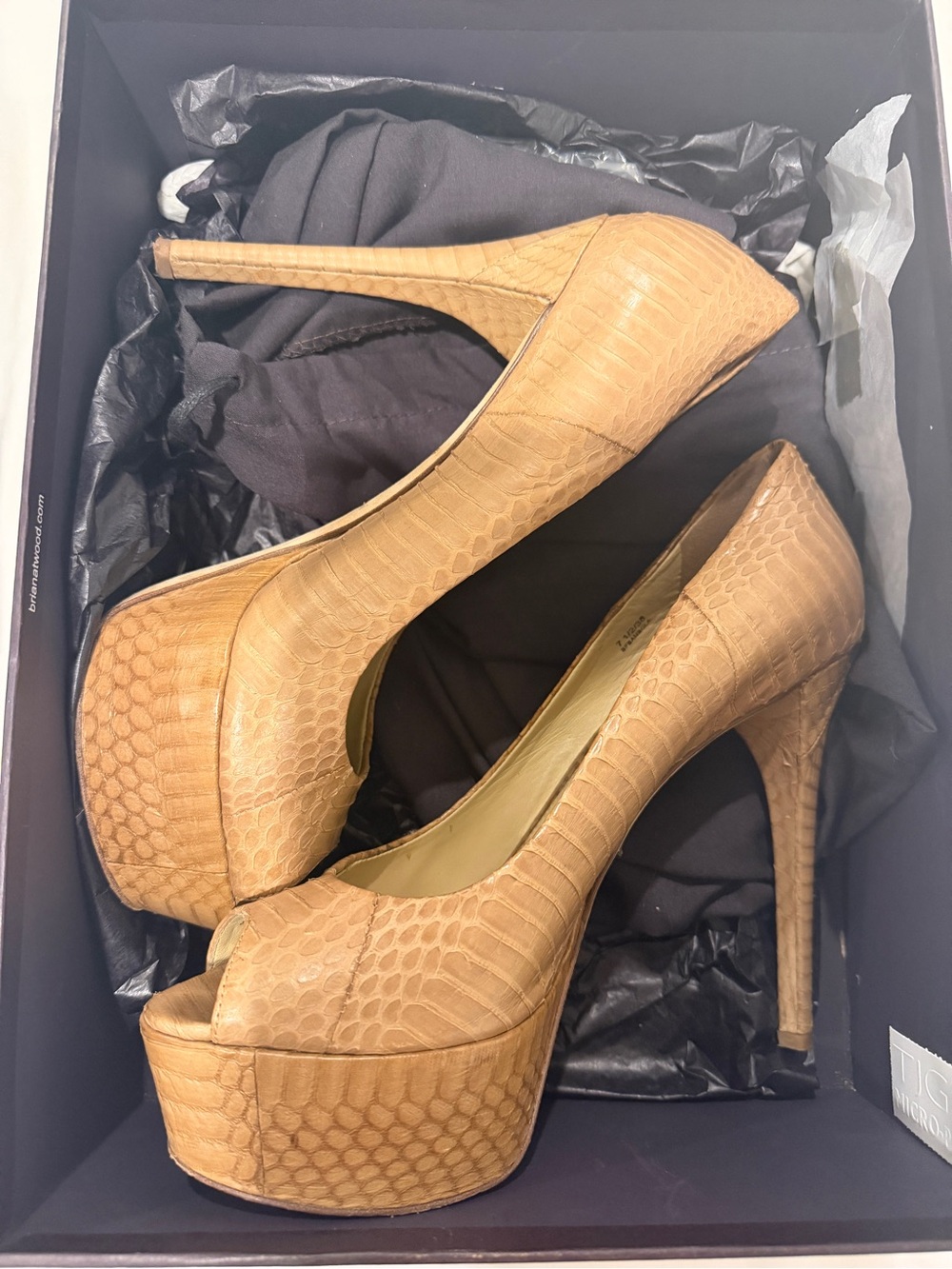 Brian Atwood Tan Croc-Embossed Platform Peep-Toe Stilettos